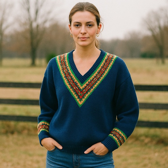 Pendleton Sweaters - Vintage Pendleton Wool Sweater Womens Small Navy‎ Blue V Neck Fair Isle Trim